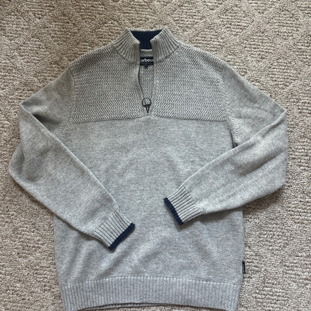 Mens Barbour  1/4Zip Crewneck Sweater Large Gray Cotton Wool Blend Preppy EUC